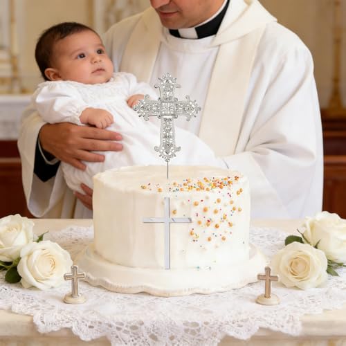 Cross Cake Topper - 2PCS Baptism Cake Topper with Rhinestone and Acrylic Designs, Glitter Cross Religious God Bless Cakes, Christening Decorations for Birthday Baby Shower Crossing Toppers Sliver