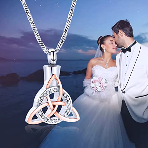 Yinplsmemory Cremation Jewelry Celtic Knot Urn Necklace for Ashes Stainless Steel Triangle Vintage Crystal Circle Ashes Keepsake Necklace Silver with rose gold