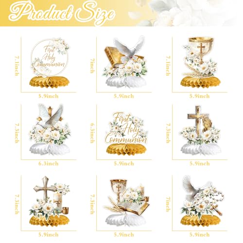 First Holy Communion Honeycomb Centerpieces, Baptism Decorations, God Bless Religious Table Centerpiece, First Communion Table Decor, Baptism Christening Baby Shower Birthday Party Decorations 9PCS