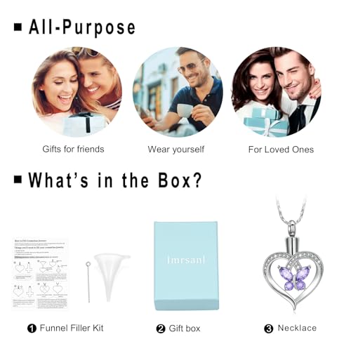 Imrsanl Butterfly Heart Pendant Cremation Urn Necklace for Women Silver-Purple