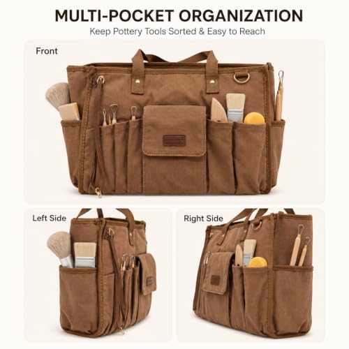 Picsurs brown pottery tool bag with multiple pockets for clay tools and art supplies