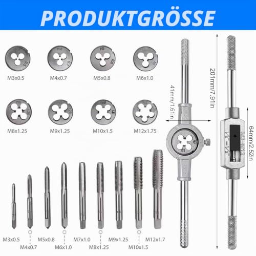 Tap and Tap Tool Set, Metric M3-M12, 20-Piece Fine Thread Cutter Set, Metric, Thread Cutting Machine, Tap Die Set with Drill