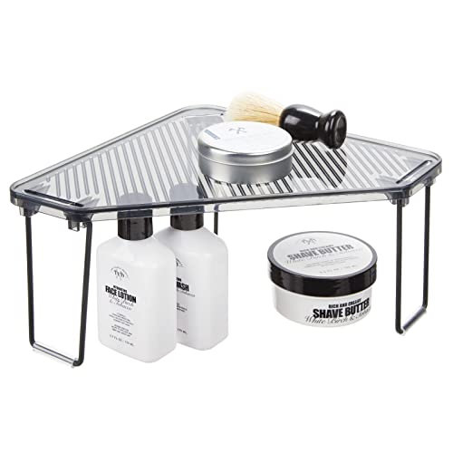 mDesign Plastic/Steel Corner Stackable Rack, Storage Organizer Shelf for Bathroom, Vanity, Countertop, Sink, Cabinet, Holds Makeup, Shower Accessories, Ligne Collection - 2 Pack - Black/Smoke Gray Pack of 2