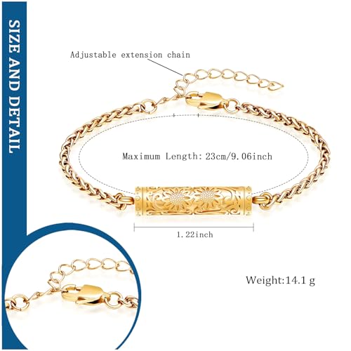 constantlife Cremation Bracelet for Ashes for Women Stainless Steel Sunflower Cylinder Urn Adjustable Link Bangle Memorial Jewelry Loved Ones Ashes Holder Keepsake Golden
