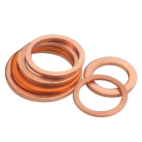 TOVOT copper flat washers assortment set with 8 sizes, including M5, M6, M8, M10, M12, M14, M16, M18, and M20