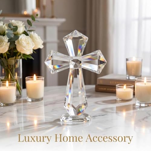 6-inch Hand-carved Crystal Cross – 360° All-around Cut K9 Desktop Ornament, Christian Spiritual Gift for Baptism, Wedding, Christmas, Family Altar & Office Decoration (Clear) Transparent