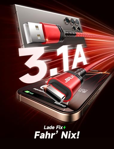JSAUX USB to USB C Fast Charging Cable, Pack of 2, 2M+2M - Red | 3.1A charging, 480Mbps sync, nylon braided, 40,000+ bends, safety chip, for Android car and iPhone CarPlay 2 m + 2 m