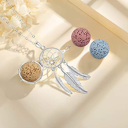 INFUSEU Dreamcatcher Necklace Aromatherapy Gifts Essential Oil Diffuser Lava Rock Stone Pendant Native American Indian Jewelry for Women Dream Catcher Feather Spiritual Meditation Items