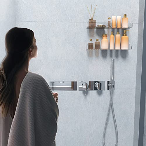 Acrylic Shower Shelves, 2 Pack Self Adhesive Bathroom Clear Floating Shelf Wall Mounted Thick Storage and Decor Rv Accessories Display No Drilling Organization Home Apartment Essentials Without Hook
