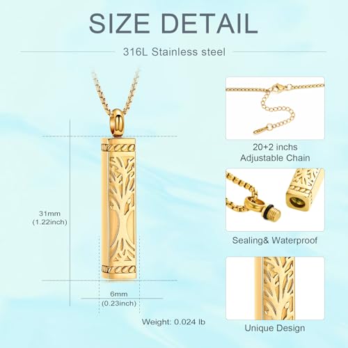 Tree of Life Urn Necklace, Stainless Steel Memorial Ashes Pendant Gold