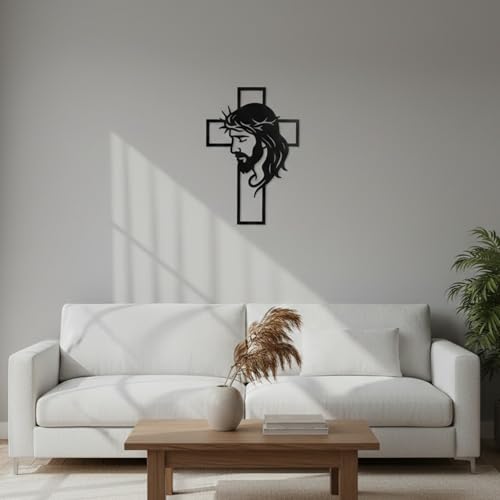WNXURT Father’s Day Christian Gift, Jesus Cross Metal Wall Art, Religious Wall Sculpture, Christian Faith Decor for Home, Church, Prayer Room, Black, 12.59 x 9.84 Inch Black Jesus Cross