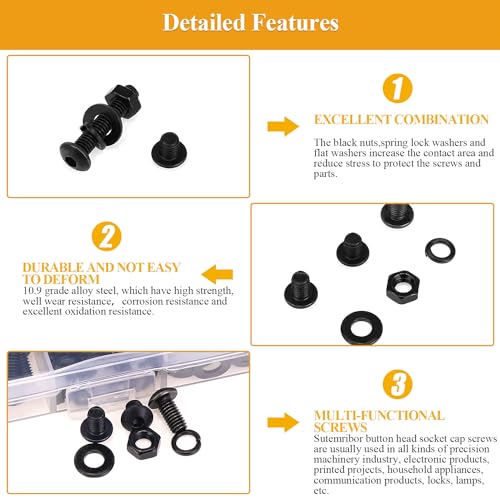 Sutemribor 376-piece black M4 button head socket cap screw, nut and washer assortment set in storage case