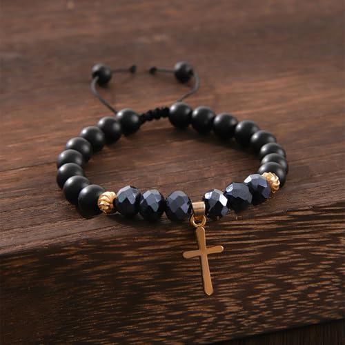 YANCHUN Cross Beaded Bracelet for Men Mens Cross Charm Bracelets Adjustable Jesus Faith Religious Easter Catholic Communion Baptism Christmas Jewelry Gift for Men A1