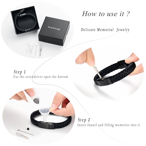 Cremation Jewelry Urn Bracelet for Ashes for Men Women Keepsake Memorial Cuff Bangle Braided Leather Wristband Bracelet for Loved One Black-24cm