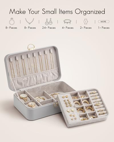 VLANDO 2 Layer Jewelry Box,Jewelry Organizer Storage Lockable Earring Organizer Removable Jewelry Tray with Watch Pillow for Neckable Ring Bracelets-Grey 03.Grey-Pillow