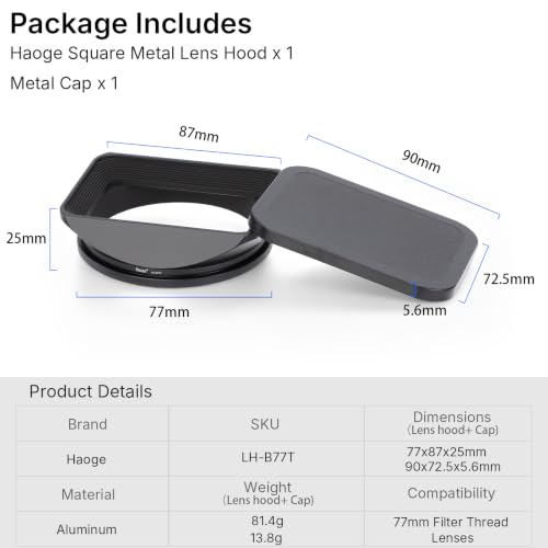 Haoge 77mm Square Metal Screw-in Mount Lens Hood Shade with Cap for 77mm Canon Nikon Sony Leica Leitz Carl Zeiss Voigtlander Nikkor Panasonic Fujifilm Olympus Lens and Other 77mm Filter Thread Lens