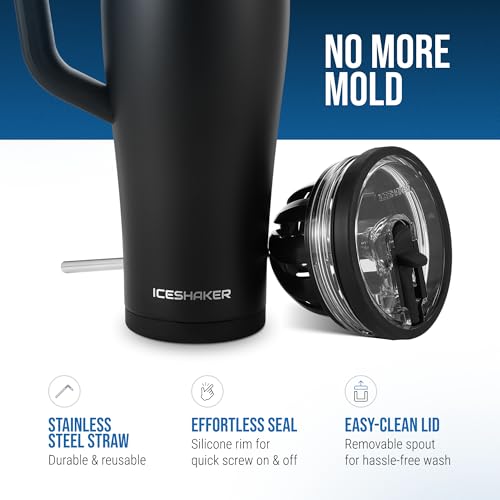 Ice Shaker 40 oz Tumbler with Handle and Straw | 40oz Black | Cold for 30+ Hours | 2-in-1 Tumbler Shaker Bottle | Odor-Free 40 ounce Bottle for Water, Protein Shakes, Smoothies, Cocktails