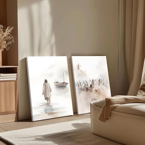 2pcs Framed Jesus Christ Walking Water Scenes Wall Art Christian 12x16in White 12x16 in