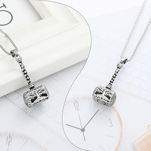 XSMZB Viking Thor Hammer Cremation Jewelry for Ashes Tree of Life Hammer Keepsake Ashes Necklace for Human Pet Funeral Memorial Pendant Silver