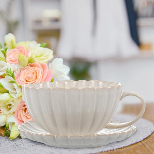 BESTOYARD Ceramic Coffee Cup and Saucer Set – 6.10"" x 6.10"" x 0.98"", 19.4 oz White Porcelain Heat-Retentive for Hot Beverages – for Home, Office, Café, Tea Lovers & Coffee Enthusiasts