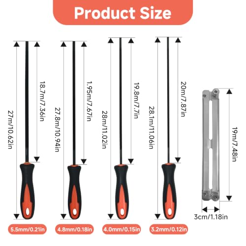 4 Pieces Chainsaw File Set - Round Metal Files with Handle and Guide, 4 Sizes (3.2mm, 4.0mm, 4.8mm, 5.5mm) Chainsaw Sharpener, Chain File for DIY and Professional | 4 Größen (3,2 mm, 4,0 mm, 4,8 mm, 5,5 mm) Feilenset Metall mit Griff und Guide Geeignet...