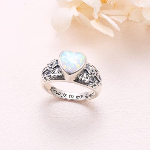 Flyow Urn Ring for Ashes 925 Sterling Silver Opal Rose Memorial Keepsake Jewelry Always in My Heart Cremation Ring for Women Men R 1/2