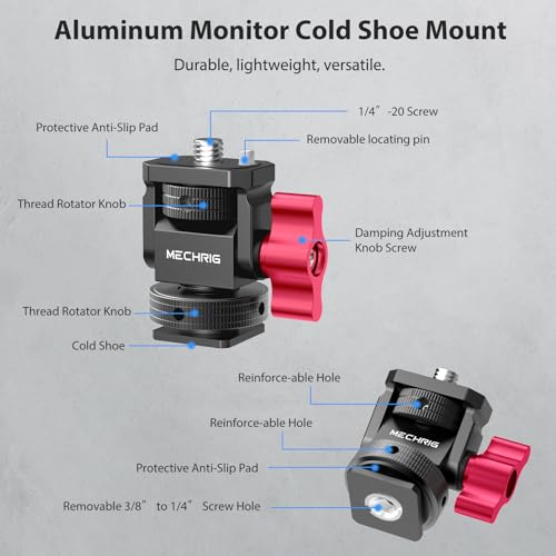 Mini Camera Monitor Mount with Cold Shoe, Aluminum Field Monitor Mount with 1/4″ Screw for LED Light Mic Cage, Cold Shoe Adapter 360° Swivel & 180° Tilt Damping (with Knob 63142) With Knob