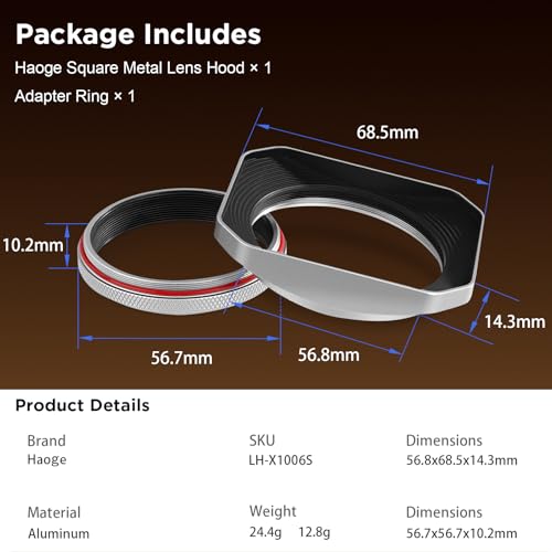 Haoge Square Metal Lens Hood for Fujifilm X100VI Fuji X100V X100F X100T X100S X70 Fuji Photo Camera Accessories Silver with 49mm Uv Filter Adapter Ring LH-X1006S