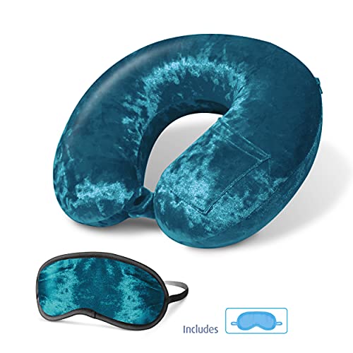 Cloudz Luxe Crushed Velvet Ultra Premium Comforlite Memory Foam Airplane Travel Neck Pillow with Matching Luxuriously Soft Black Out Sleep Mask - Teal