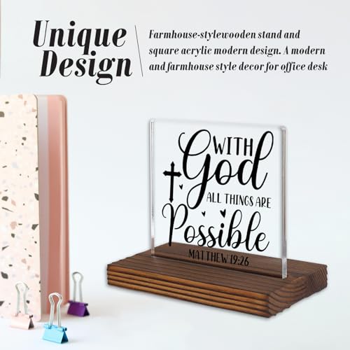 With God All Things Are Possible Sign Matthew 19:26 Christian Decor Gifts for Women Men Faith Inspirational Scripture Decor Religious Prayer Desk Decorative Signs Plaque SWS150 With God All Things