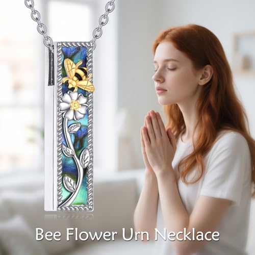 YFN S925 Sterling Silver Bee & Daisy Cremation Urn Pendant Necklace - Memorial Ashes Keepsake for Loved Ones, Adjustable Chain, Elegant Sympathy Gift
