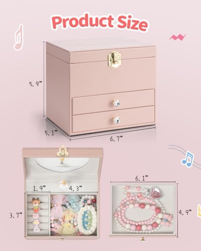 VLANDO 3 Layer Musical Jewelry Box for Girls, 2 Large Drawers Storage Pink