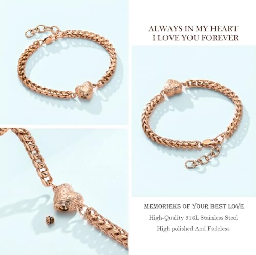 zeqingjw Heart Urn Bracelet for Ashes for Women Stainless Steel Cremation Bangle Jewelry Adjustable Keepsake Memorial Bracelet Loved Ones Ashes Holder Keepsake 1-Rose Gold