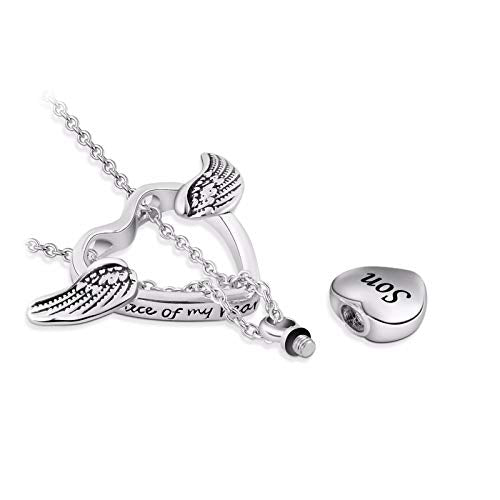 Double Heart Cremation Urn Necklace for Mom Grandma Dad Pet Ashes Angel Wing Memorial Keepsake Pendant Jewelry A Piece of My Heart Lives in Heaven Son