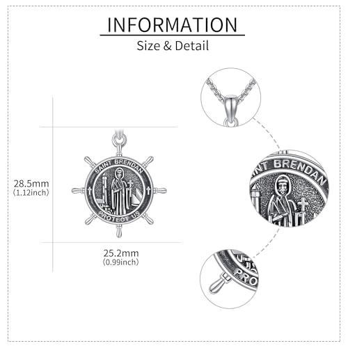 Saint Brendan Necklace S925 Sterling Silver Saint Brendan Coin Medal Pendant Necklace Protection Jewelry for Men Women Religion Gifts