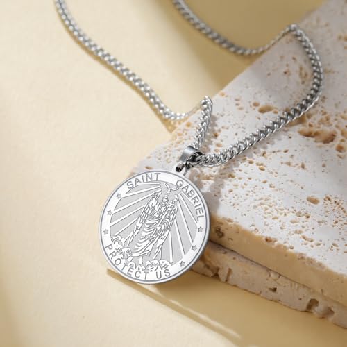 TEAMER Saint Gabriel Archangel Medal Necklace Guardian Blessing Hope and Protection St. Gabriel Necklace Amulet Religious Jewelry For Women Silver