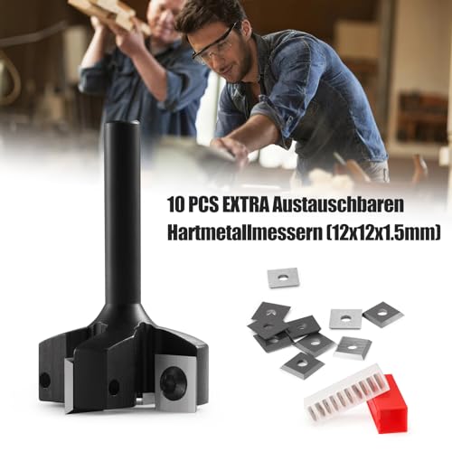Face Cutter 8 mm Shank 4 Flutes with 10 Interchangeable Carbide Blades (12 x 12 x 1.5 mm), Diameter 40 mm, CNC Plate Cutter Cleaning Cutter for Router Woodworking (D=40 S=8) S=8,D=40