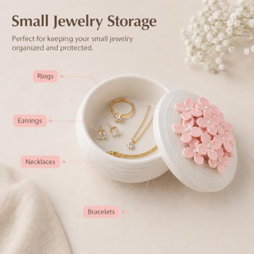 Pink Ceramic Floral Jewelry Box Ring Earring Holder Gift for Women Pink