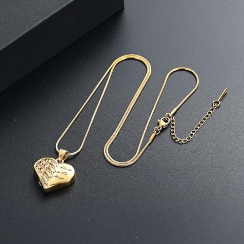 Heart Urn Necklace for Ashes for Women Men Angle Wings Cremation Jewellery Keepsake Pendant Memorial Locket Ash Holder Forever In My Heart Gold