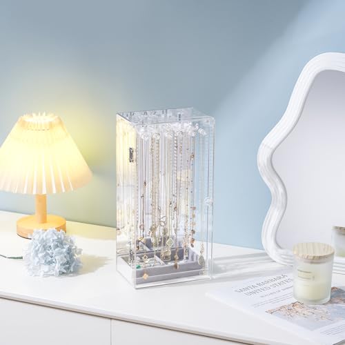 Lolalet Necklace Holder Organizer, Acrylic Jewelry Organizer with 24 Hooks, Rotating Clear Necklaces Display Box with Built-in Mirror, Dust-proof Jewelry Storage Case with Velvet Tray -Clearmirror 1 -Clearmirror