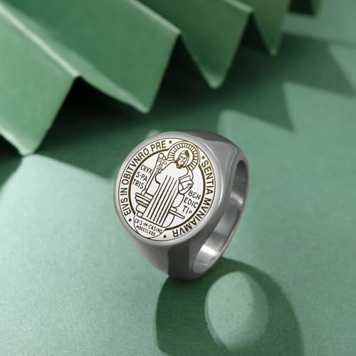 St Benedict Medal Ring San Benito Ring Patron Saint Exorcism Cross Amulet Christian Catholic Religious Jewelry Religious GIft for Men Women silver 9(US Size)