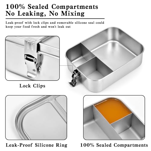 UPTRUST Stainless Steel Bento Lunch Box, 3-Compartment Large 1400ML Metal Bento Box for Kids or Adults, Container with Lockable Clips to Leak Proof 47oz 3-Compartment