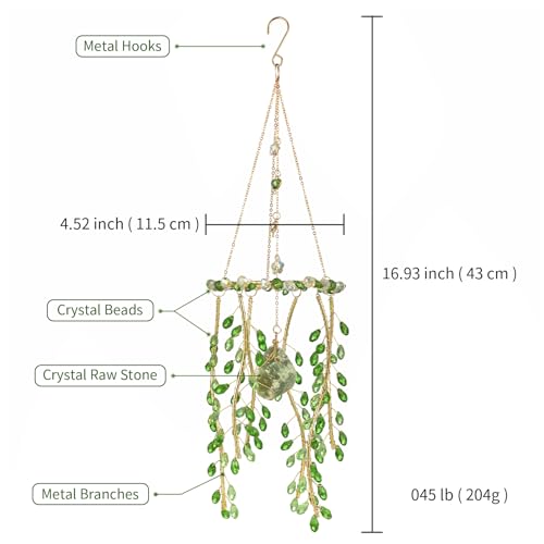 Crystal Hanging Suncatcher with Natural Stone, 16.9 Inch Decorative Wind Chime, Gold Chain & Branch Design (Green) Green