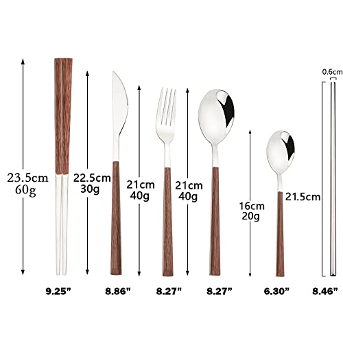 JASHII 24pcs Reusable Flatware Silverware Set, Gold Stainless Steel Knife Fork Spoon Chopstick Straw Set with Square Wooden Handle,Service for 4, Include 1 Brush, Dishwasher Safe.