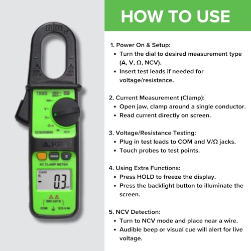KPS DCM300MINI True RMS clamp meter with 600A AC measurement, auto range, and NCV detection