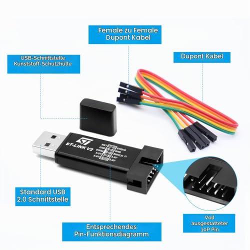ST-Link V2 Emulator Downloader Programmer, ST-Link V2 Mini Debugger Programming Emulator Downloader for ST-M8 STM-32 with Dupont Wires (Pack of 2)