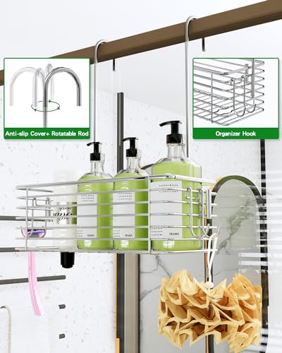 Stainless steel over door shower caddy with hanging hooks and storage basket for shampoo and bathroom essentials.