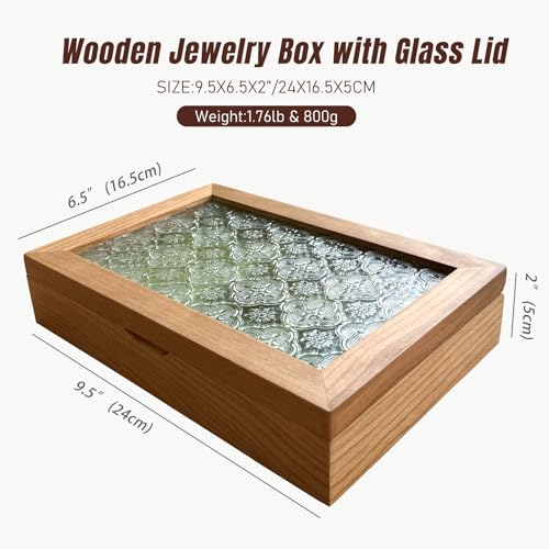 Wooden Jewelry Box with Glass Lid, Multi-Compartment Jewelry Display Case, Green Velvet Lining, Cherry Wood