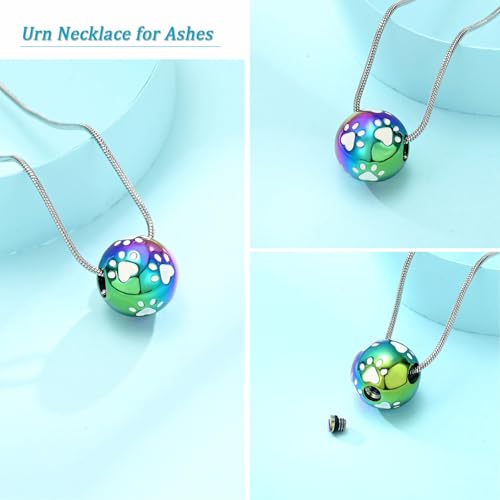 Paw Print Cremation Urn Necklace for Ashes,Customize 316L Stainless Steel Pet Memorial Jewelry, Waterproof Keepsake Pendant for Dog Cat Loss, Filling Tools & Gift Box Included Colorfull