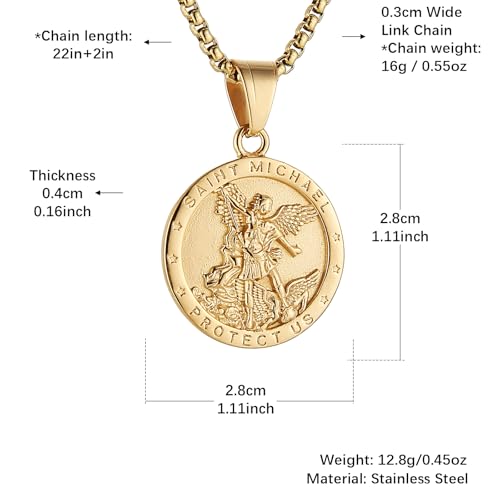 AsAlways St Michael Pendant for Men, with 22"+2" Rolo Chain Gold